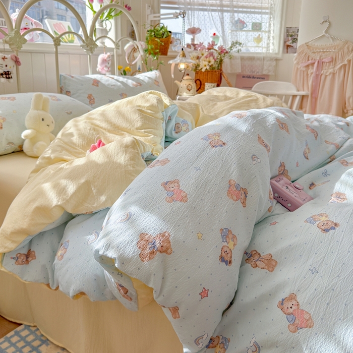 91家纺网 家纺一手货源 找家纺 港岛妹妹 2026新款云感双层纱系列四件套 蓝仔小熊-蓝