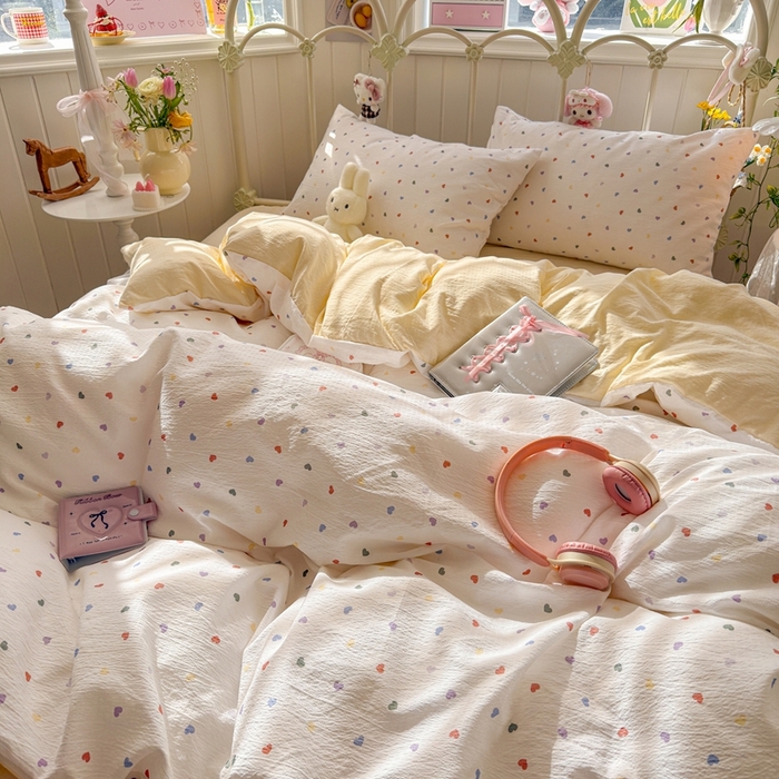 91家纺网 家纺一手货源 找家纺 港岛妹妹 2026新款云感双层纱系列四件套 奶油小心心