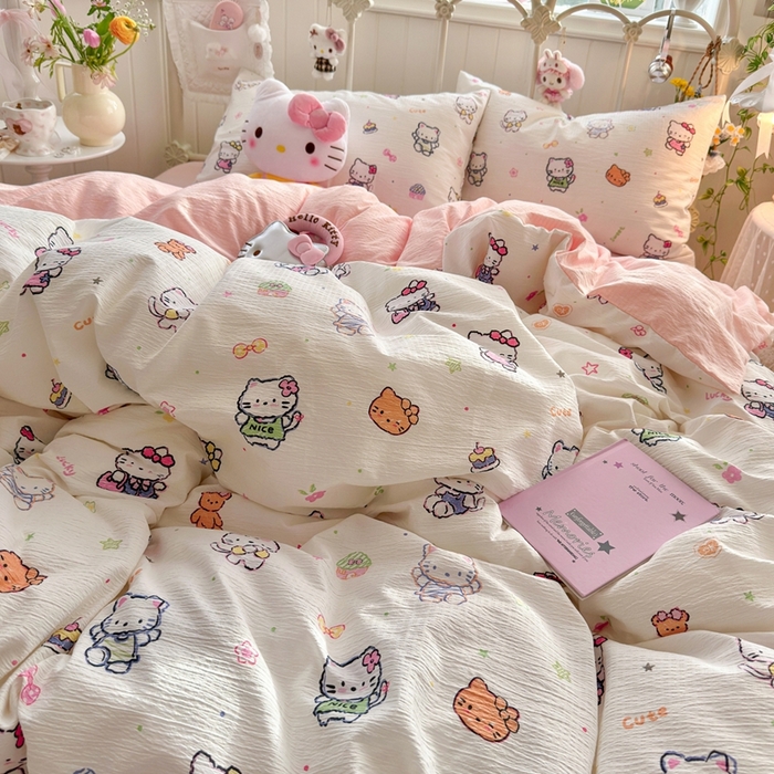 91家纺网 家纺一手货源 找家纺 港岛妹妹 2026新款云感双层纱系列四件套 泡芙小猫