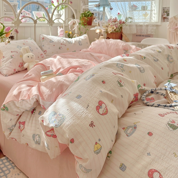 91家纺网 家纺一手货源 找家纺 港岛妹妹 2026新款云感双层纱系列四件套 条纹萌宠