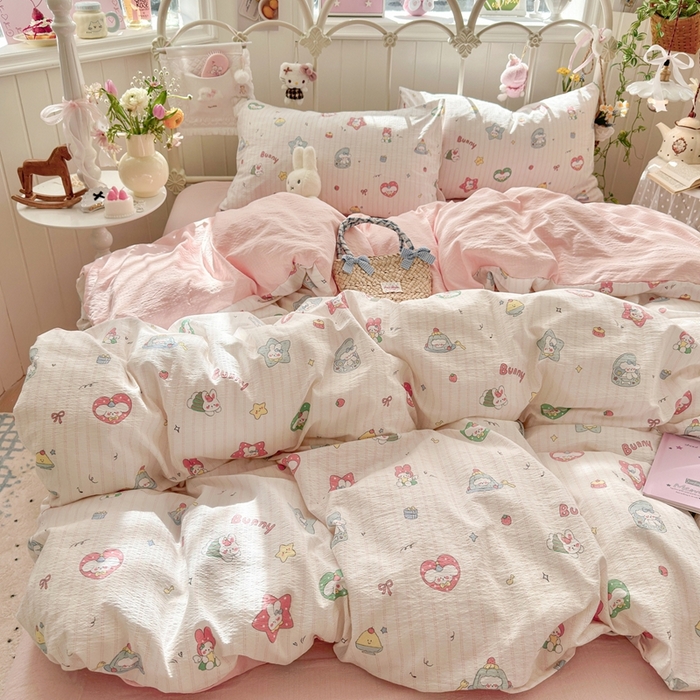 91家纺网 家纺一手货源 找家纺 港岛妹妹 2026新款云感双层纱系列四件套 条纹萌宠