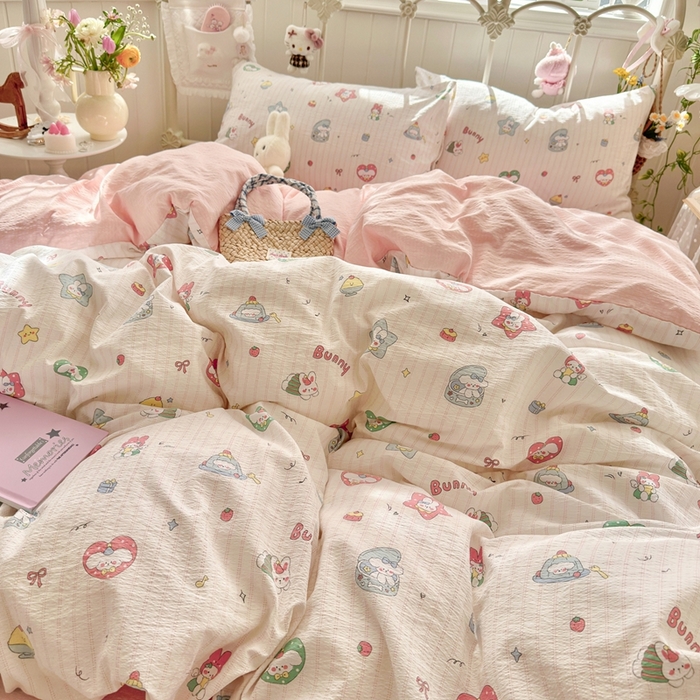 91家纺网 家纺一手货源 找家纺 港岛妹妹 2026新款云感双层纱系列四件套 条纹萌宠