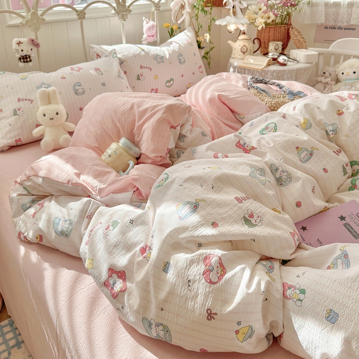 91家纺网 家纺一手货源 找家纺 港岛妹妹 2026新款云感双层纱系列四件套 条纹萌宠