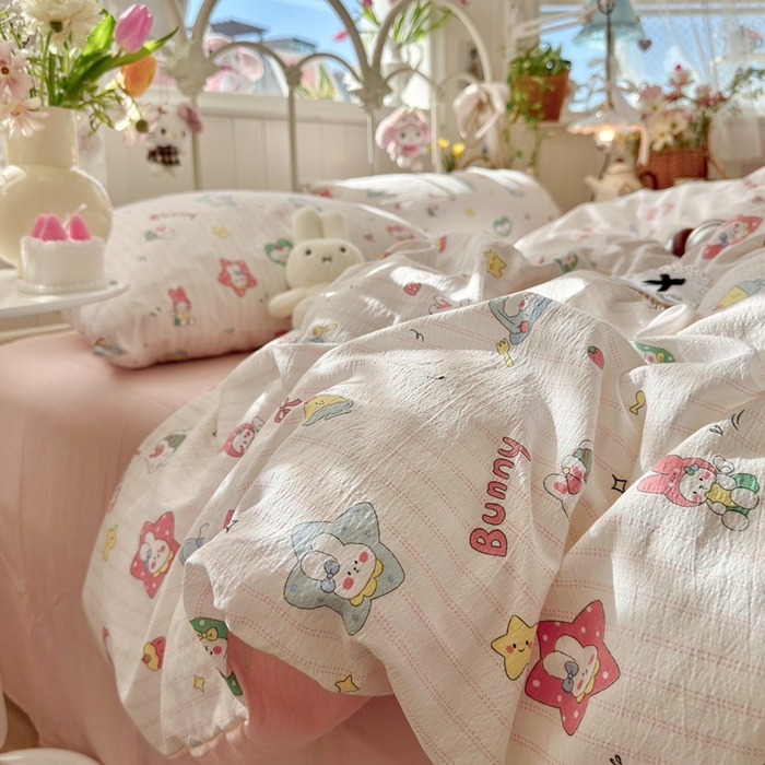 91家纺网 家纺一手货源 找家纺 港岛妹妹 2026新款云感双层纱系列四件套 条纹萌宠