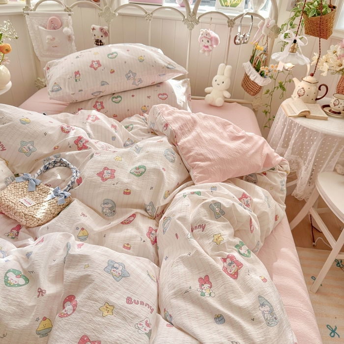 91家纺网 家纺一手货源 找家纺 港岛妹妹 2026新款云感双层纱系列四件套 条纹萌宠