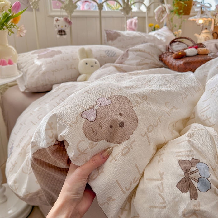 91家纺网 家纺一手货源 找家纺 港岛妹妹 2026新款云感双层纱系列四件套 小熊贝贝