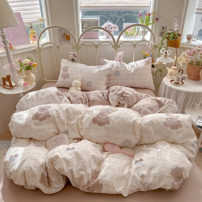 91家纺网 家纺一手货源 找家纺 港岛妹妹 2026新款云感双层纱系列四件套 小熊贝贝