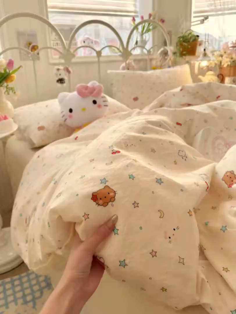 91家纺网 家纺一手货源 找家纺 港岛妹妹 2026新款云感双层纱系列四件套 星星KT