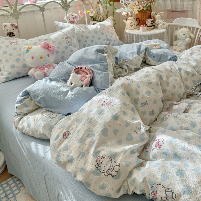 91家纺网 家纺一手货源 找家纺 海岛哥哥 2026新款云感双层纱系列四件套 爱心凯蒂