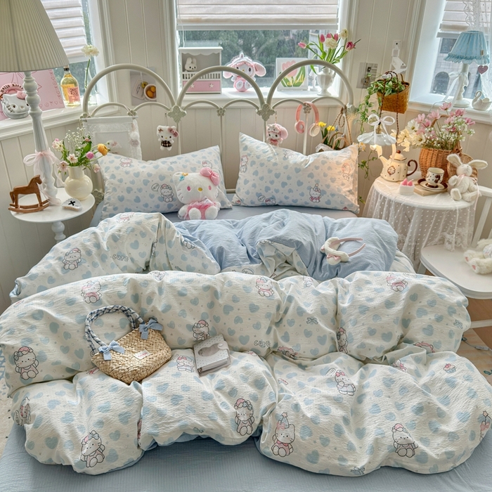 91家纺网 家纺一手货源 找家纺 海岛哥哥 2026新款云感双层纱系列四件套 爱心凯蒂