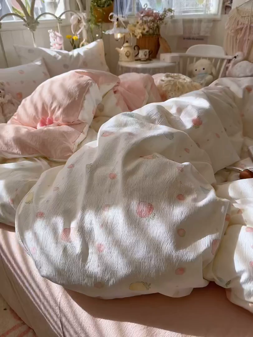 91家纺网 家纺一手货源 找家纺 海岛哥哥 2026新款云感双层纱系列四件套 草莓果园