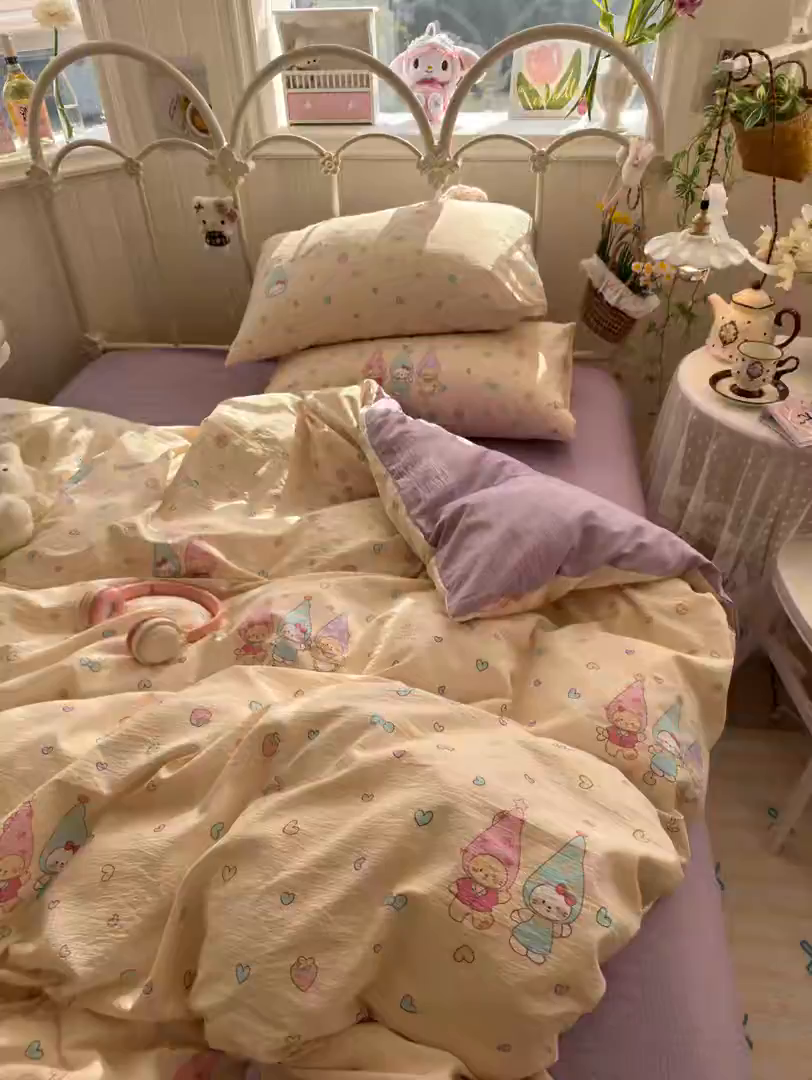 91家纺网 家纺一手货源 找家纺 海岛哥哥 2026新款云感双层纱系列四件套 可爱三小只