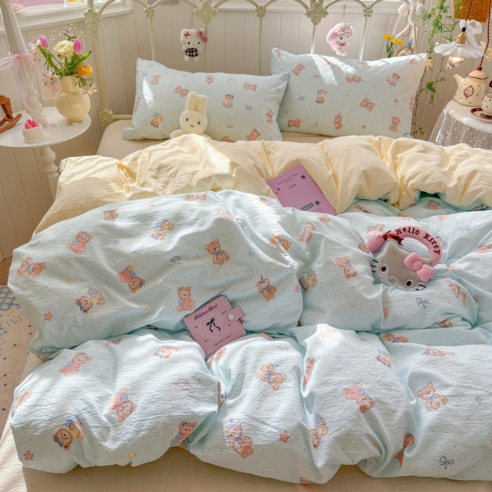 91家纺网 家纺一手货源 找家纺 海岛哥哥 2026新款云感双层纱系列四件套 蓝仔小熊-蓝