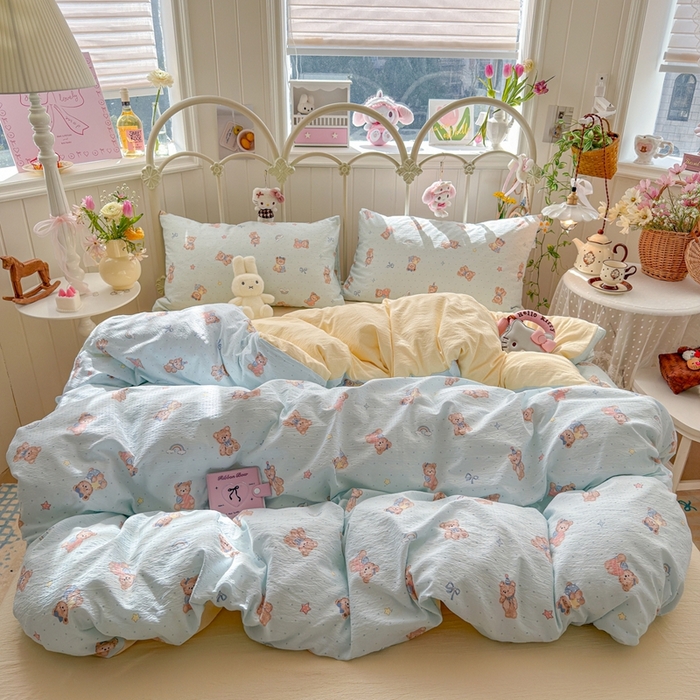 91家纺网 家纺一手货源 找家纺 海岛哥哥 2026新款云感双层纱系列四件套 蓝仔小熊-蓝