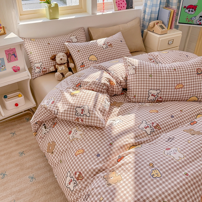 91家纺网 家纺一手货源 找家纺 缦彩 2026新款13372全棉印花四件套 格子狗-咖