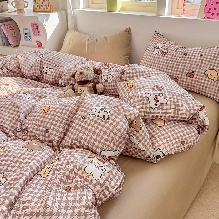 91家纺网 家纺一手货源 找家纺 缦彩 2026新款13372全棉印花四件套 格子狗-咖