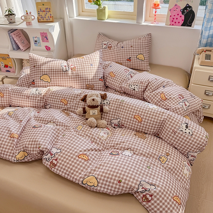 91家纺网 家纺一手货源 找家纺 缦彩 2026新款13372全棉印花四件套 格子狗-咖