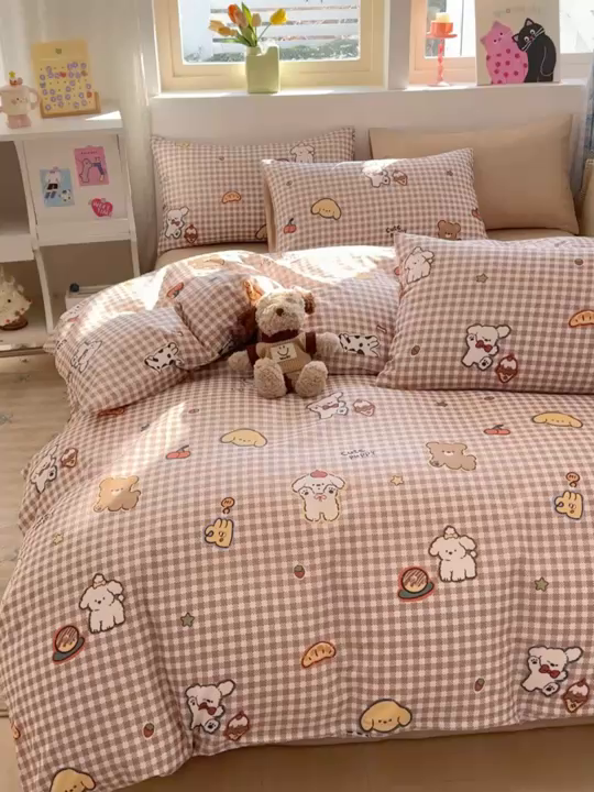 91家纺网 家纺一手货源 找家纺 缦彩 2026新款13372全棉印花四件套 格子狗-咖