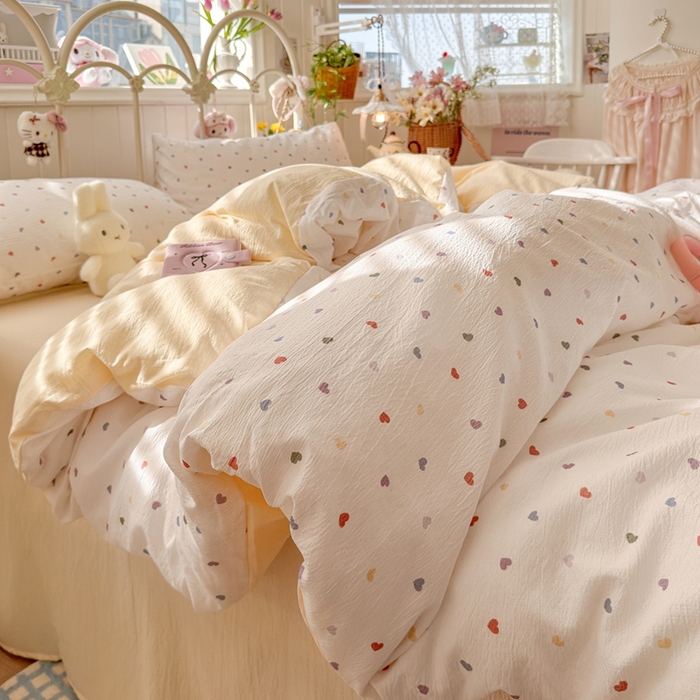 91家纺网 家纺一手货源 找家纺 海岛哥哥 2026新款云感双层纱系列四件套 奶油小心心