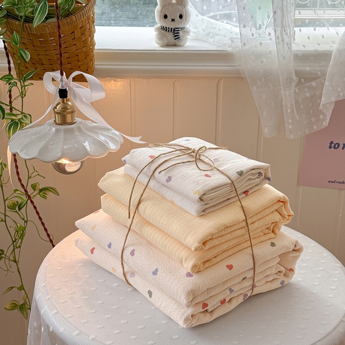 91家纺网 家纺一手货源 找家纺 海岛哥哥 2026新款云感双层纱系列四件套 奶油小心心