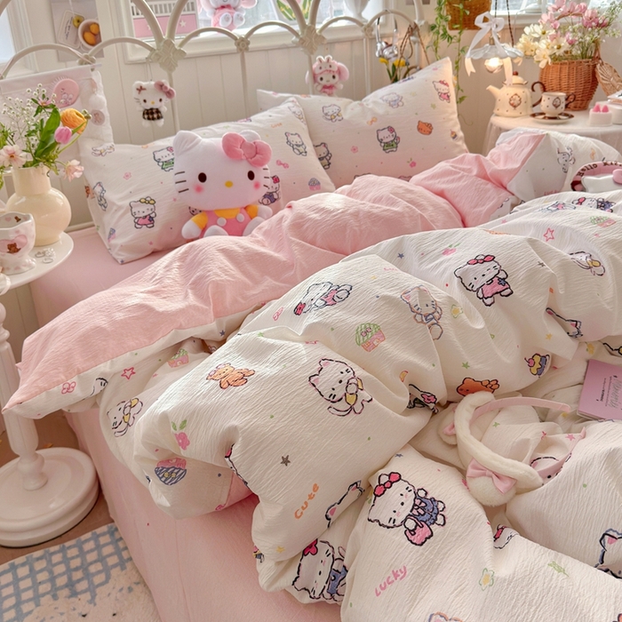 91家纺网 家纺一手货源 找家纺 海岛哥哥 2026新款云感双层纱系列四件套 泡芙小猫