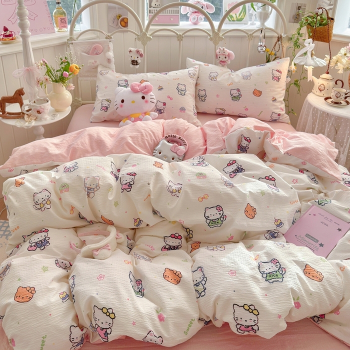 91家纺网 家纺一手货源 找家纺 海岛哥哥 2026新款云感双层纱系列四件套 泡芙小猫