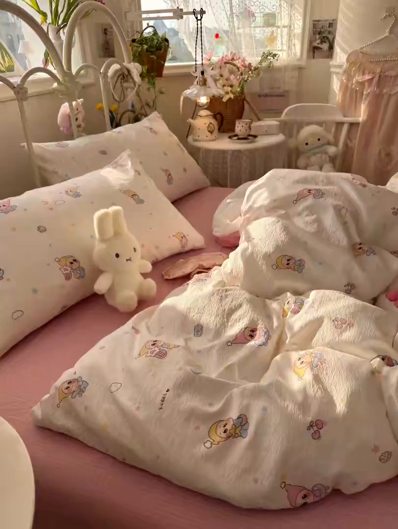 91家纺网 家纺一手货源 找家纺 海岛哥哥 2026新款云感双层纱系列四件套 糖果星星人