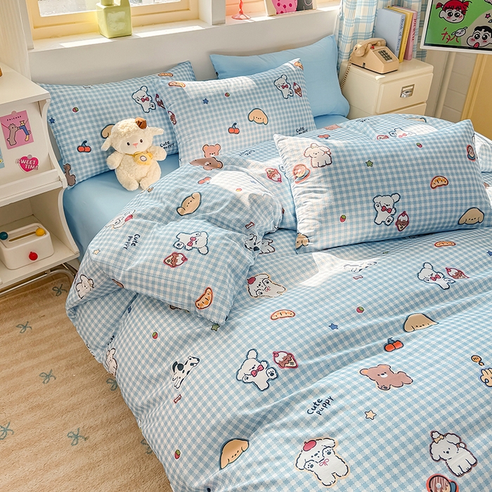 91家纺网 家纺一手货源 找家纺 缦彩 2026新款13372全棉印花四件套 格子狗-蓝