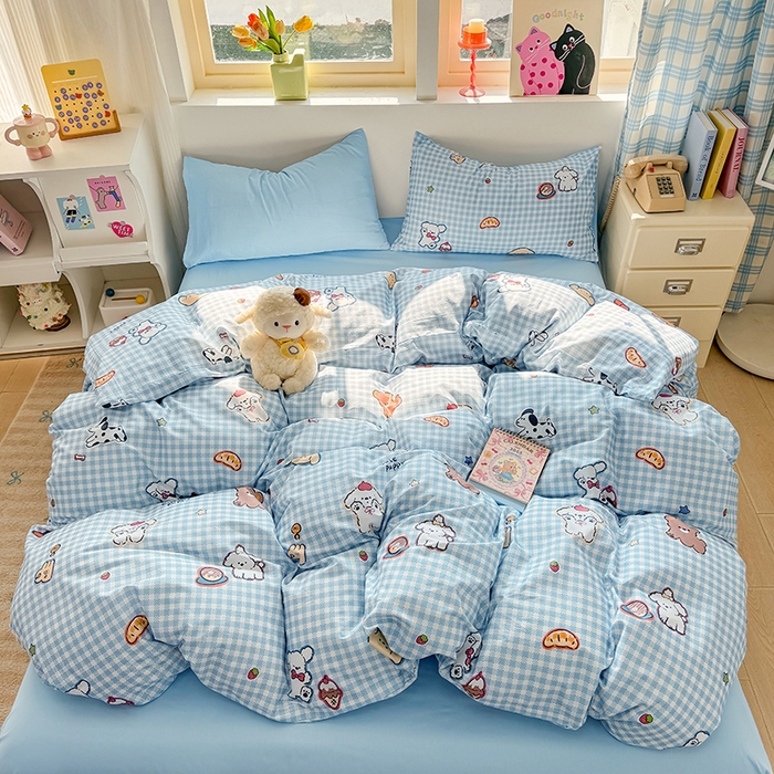 91家纺网 家纺一手货源 找家纺 缦彩 2026新款13372全棉印花四件套 格子狗-蓝