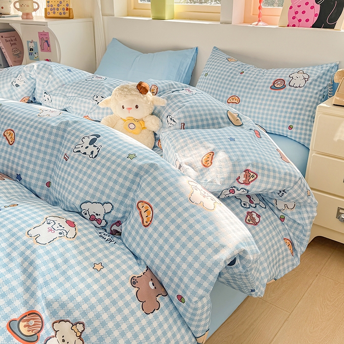 91家纺网 家纺一手货源 找家纺 缦彩 2026新款13372全棉印花四件套 格子狗-蓝