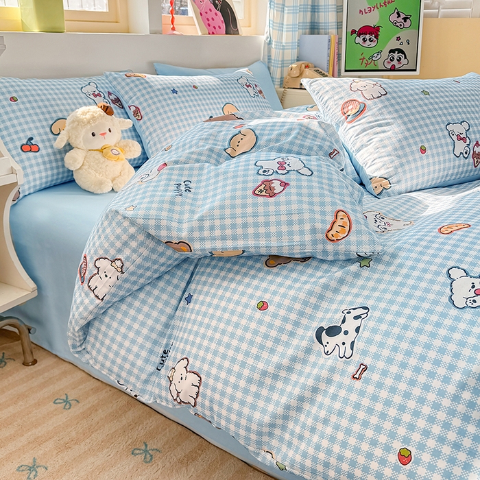 91家纺网 家纺一手货源 找家纺 缦彩 2026新款13372全棉印花四件套 格子狗-蓝