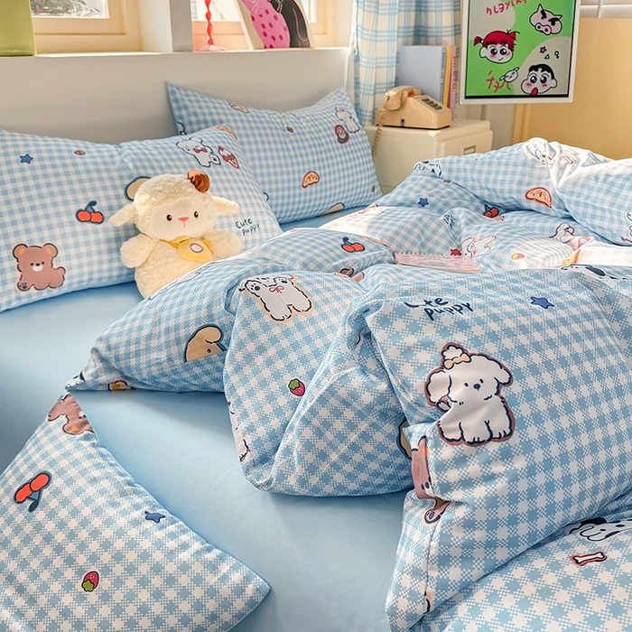 91家纺网 家纺一手货源 找家纺 缦彩 2026新款13372全棉印花四件套 格子狗-蓝