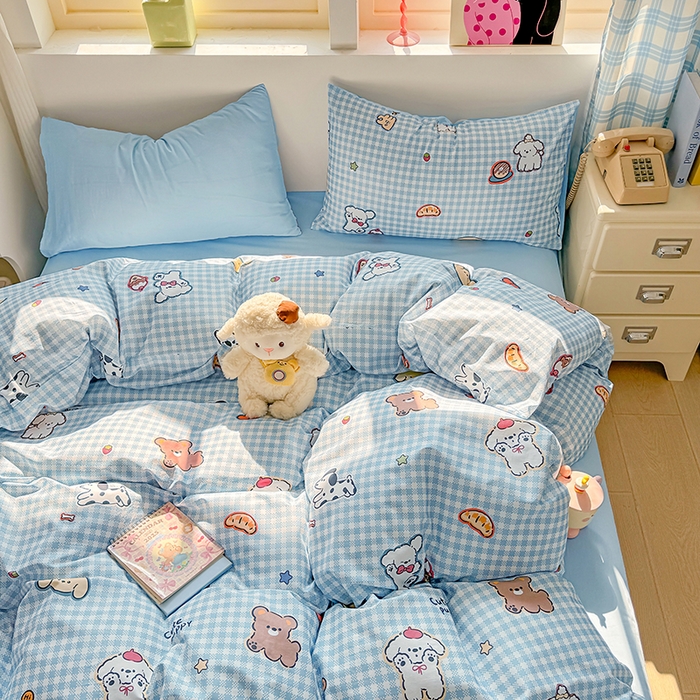 91家纺网 家纺一手货源 找家纺 缦彩 2026新款13372全棉印花四件套 格子狗-蓝