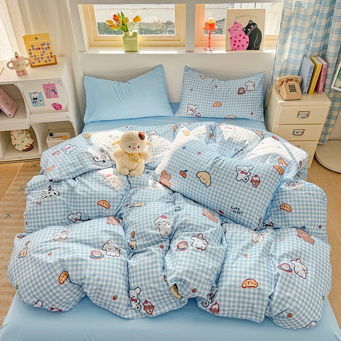 91家纺网 家纺一手货源 找家纺 缦彩 2026新款13372全棉印花四件套 格子狗-蓝