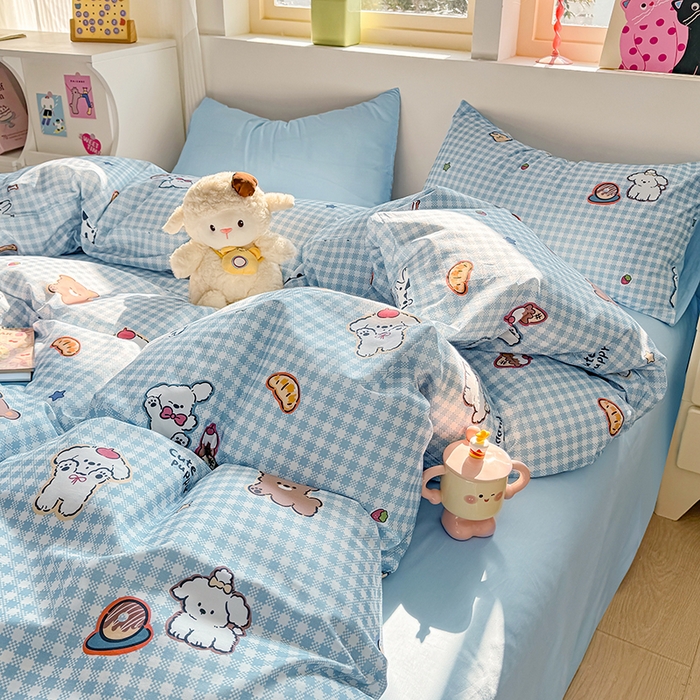 91家纺网 家纺一手货源 找家纺 缦彩 2026新款13372全棉印花四件套 格子狗-蓝