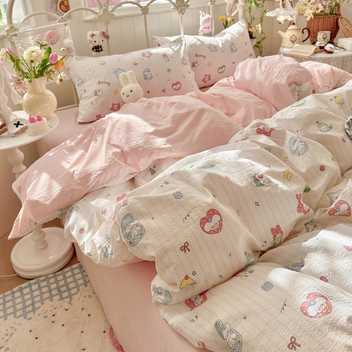 91家纺网 家纺一手货源 找家纺 海岛哥哥 2026新款云感双层纱系列四件套 条纹萌宠