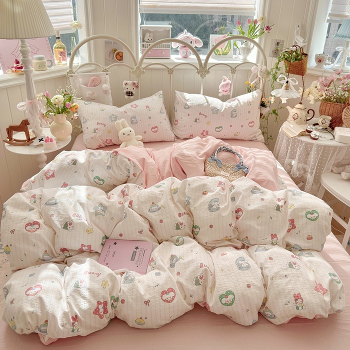 91家纺网 家纺一手货源 找家纺 海岛哥哥 2026新款云感双层纱系列四件套 条纹萌宠