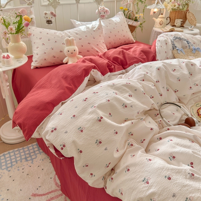 91家纺网 家纺一手货源 找家纺 海岛哥哥 2026新款云感双层纱系列四件套 小草莓