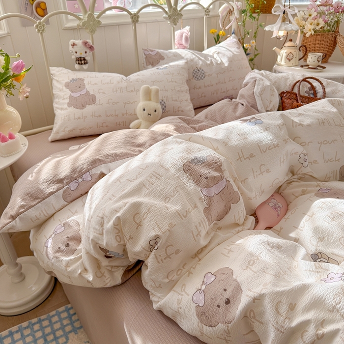 91家纺网 家纺一手货源 找家纺 海岛哥哥 2026新款云感双层纱系列四件套 小熊贝贝