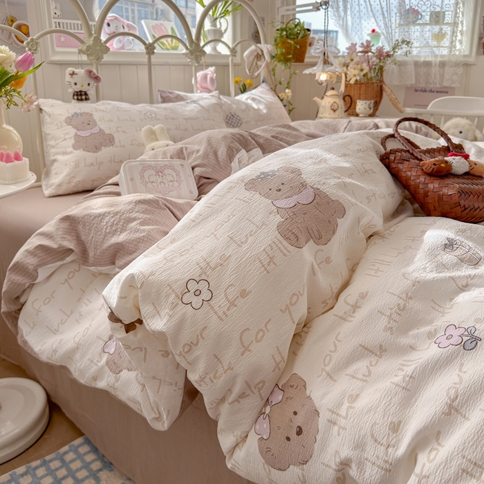 91家纺网 家纺一手货源 找家纺 海岛哥哥 2026新款云感双层纱系列四件套 小熊贝贝