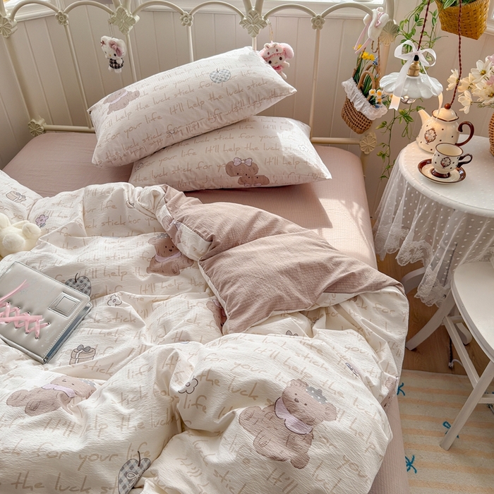 91家纺网 家纺一手货源 找家纺 海岛哥哥 2026新款云感双层纱系列四件套 小熊贝贝