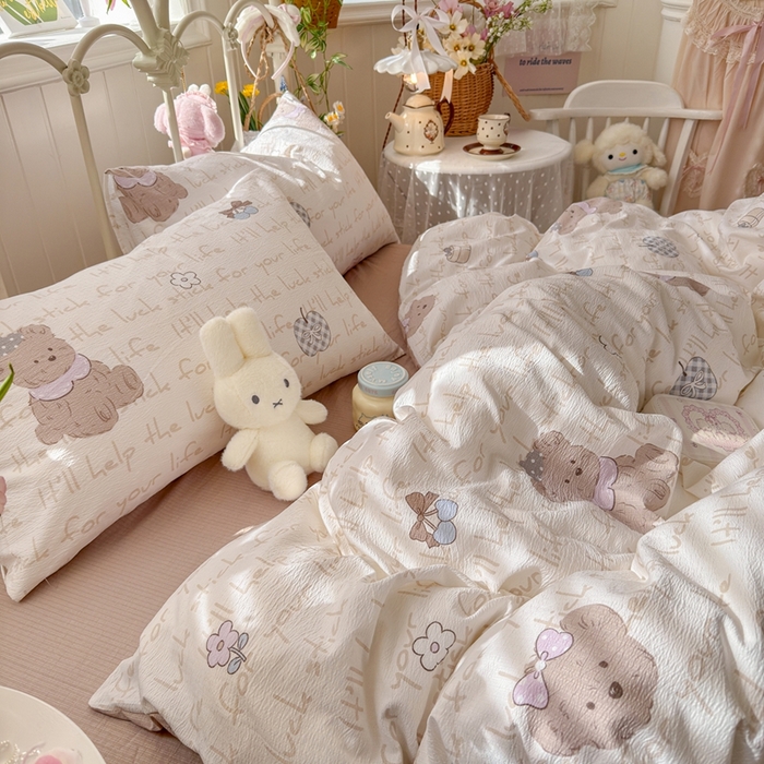 91家纺网 家纺一手货源 找家纺 海岛哥哥 2026新款云感双层纱系列四件套 小熊贝贝