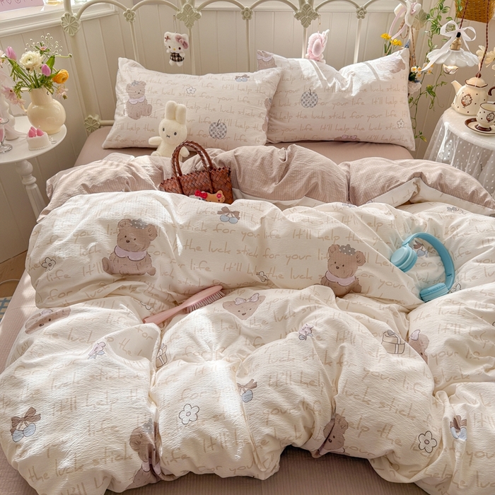 91家纺网 家纺一手货源 找家纺 海岛哥哥 2026新款云感双层纱系列四件套 小熊贝贝