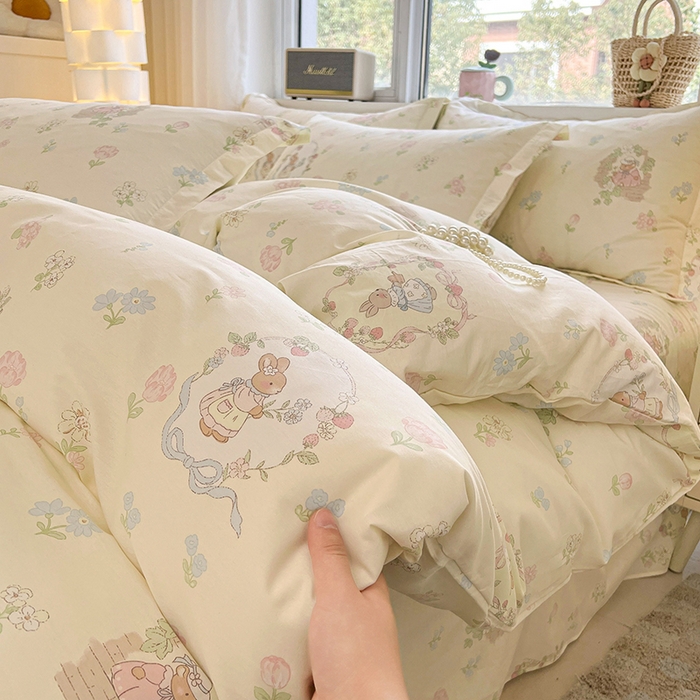 91家纺网 家纺一手货源 找家纺 名优家纺 2026新款13070全棉印花单床单 兔茶春序