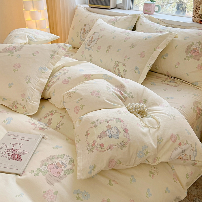 91家纺网 家纺一手货源 找家纺 名优家纺 2026新款13070全棉印花单床单 兔茶春序