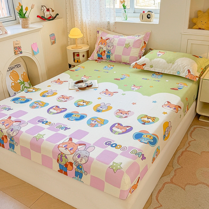 91家纺网 家纺一手货源 找家纺 名优家纺 2026新款13070全棉印花单床笠 开心动物城