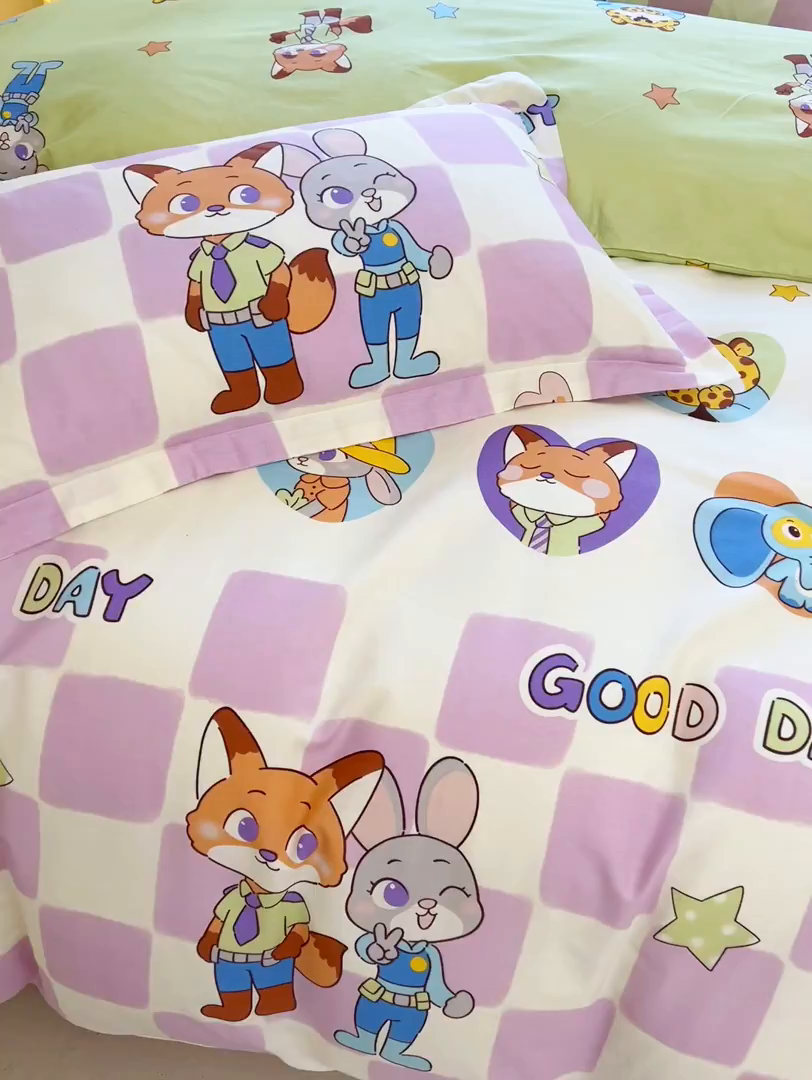 91家纺网 家纺一手货源 找家纺 名优家纺 2026新款13070全棉印花四件套 开心动物城