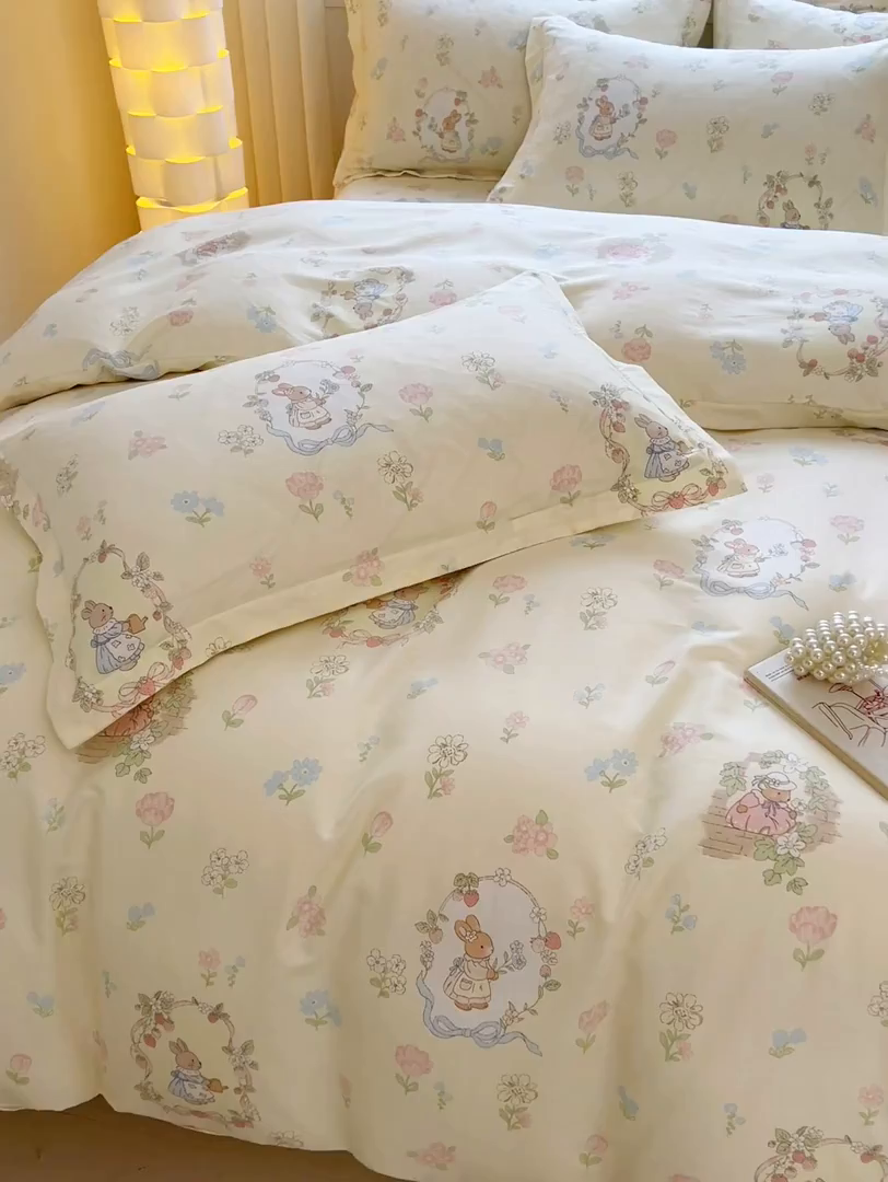 91家纺网 家纺一手货源 找家纺 名优家纺 2026新款13070全棉印花四件套 兔茶春序