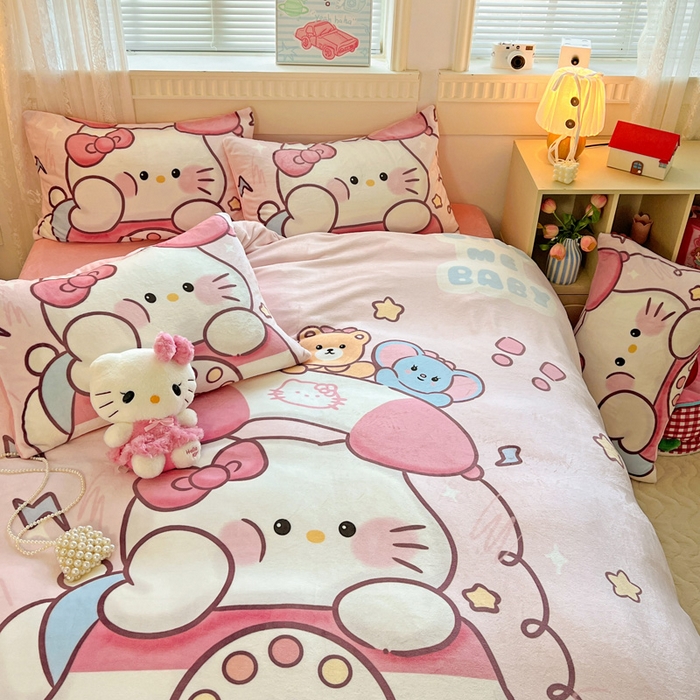 91家纺网 家纺一手货源 找家纺 喜梦缘 2025 新款大版卡通牛奶绒印花四件套 粉甜通话喵