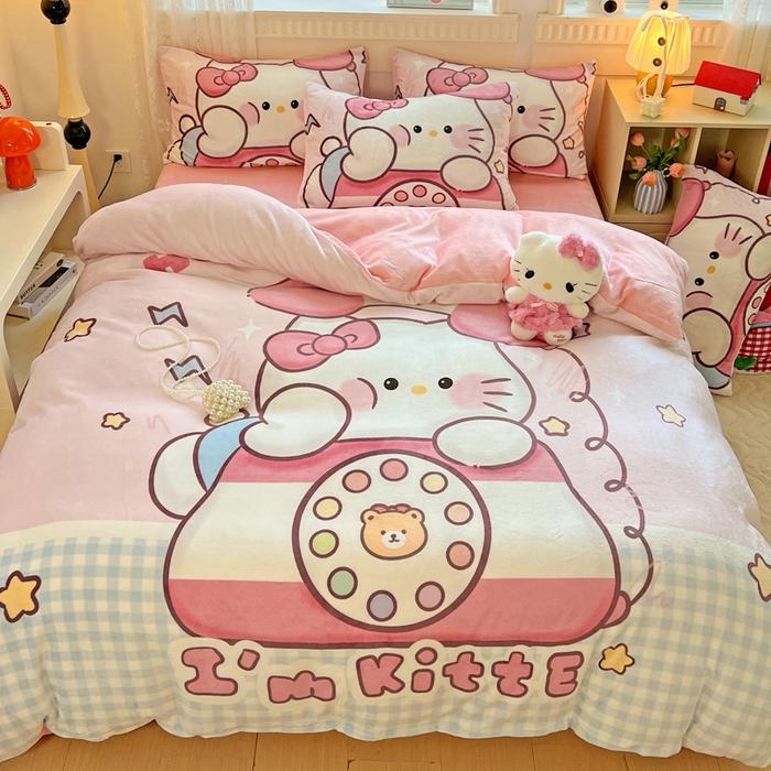 91家纺网 家纺一手货源 找家纺 喜梦缘 2025 新款大版卡通牛奶绒印花四件套 粉甜通话喵